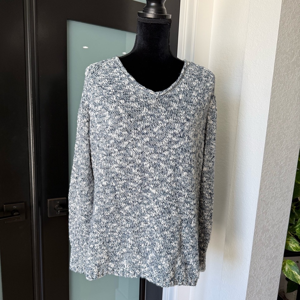 Chaps Women's Blue and White Marled V-Neck Sweater 1X